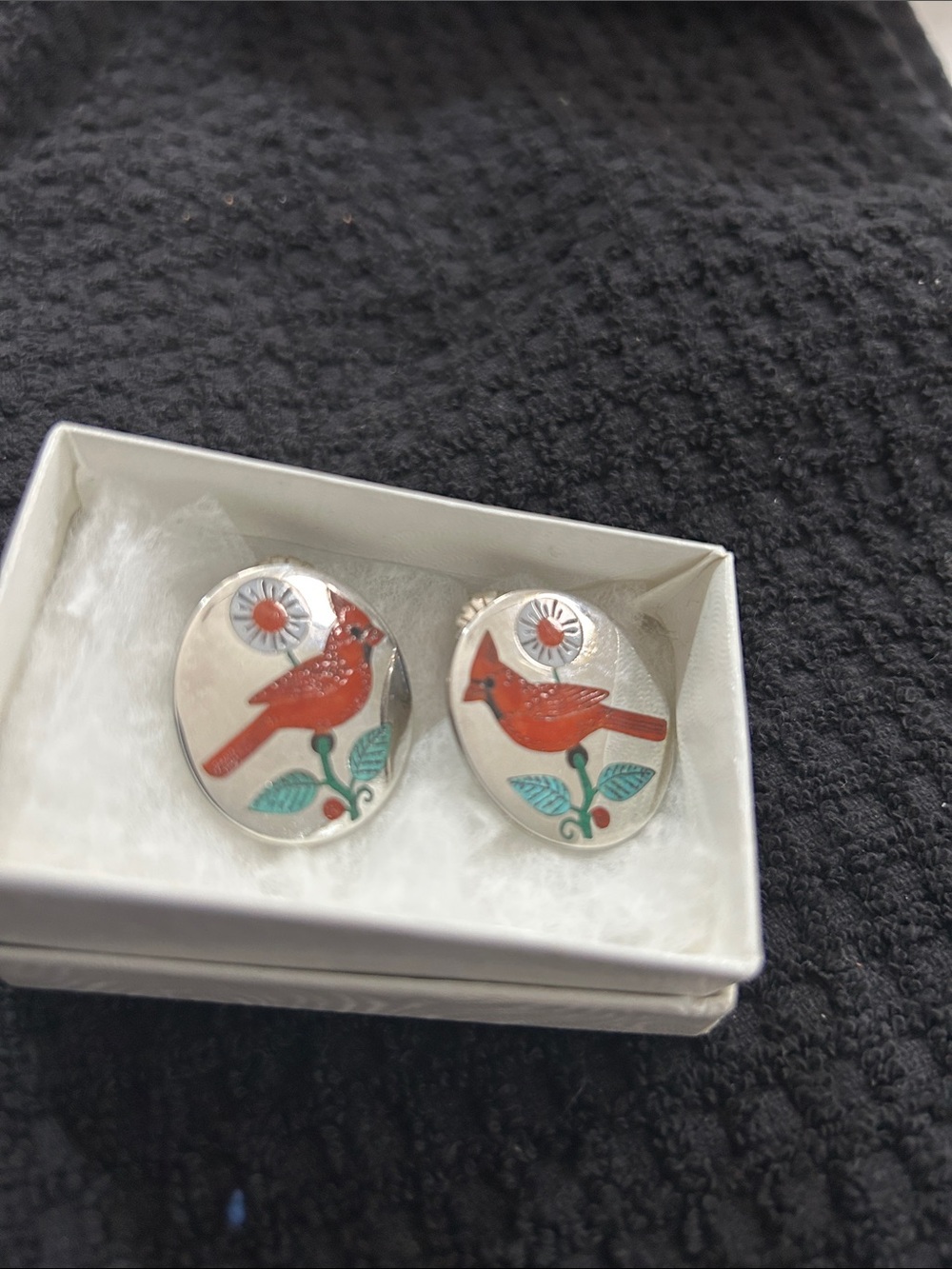 Handcrafted Zuni Red Cardinal Oval Earrings - sterling silver